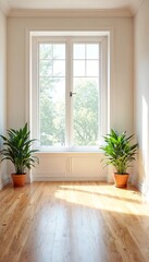 Fototapeta premium Sunlight streaming through a window onto a hardwood floor with two potted plants on either side.