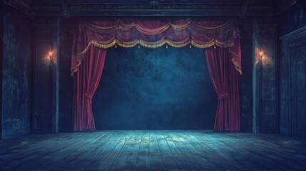 Fototapeta premium Haunted Theater Stage, Dim Lighting, Draped Curtains