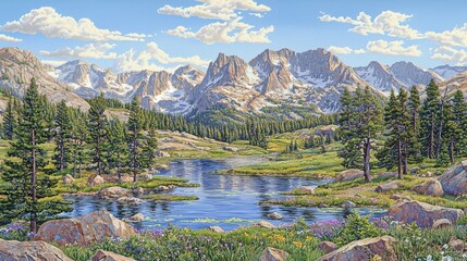 Serene Landscape with Majestic Mountains, Clear Water, Lush Greenery, and Vibrant Wildflowers Under a Bright Blue Sky