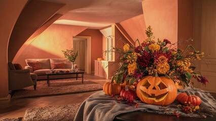Obraz premium A Classic Living Room Features a Comfortable Sofa and a Table Setting Adorned With a Carved Pumpkin