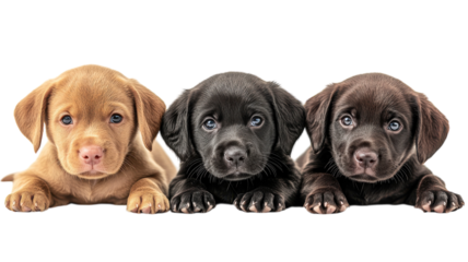 Three adorable puppies relaxing together on a soft surface in bright lighting