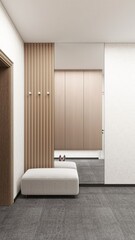 The image shows a modern hallway with a beige upholstered bench, a vertical wooden wall with hooks, a large mirror reflecting the area, and minimalistic storage cabinets