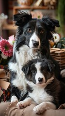 Fototapeta premium Border Collie dog mother and puppy with flowers warm family love