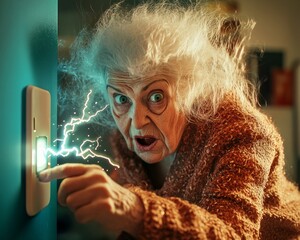 A granny with crazy hair and wild eyes turns off the light switch, electricity shooting from her fingers, in a dim living room.