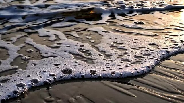 Low angle shot: a foamy wave as it washes over smooth sand, golden light glistening on its retreating, glassy surface.
