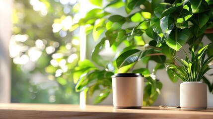 Sustainable coffee cup on wooden desk with lush indoor plants in sunlight