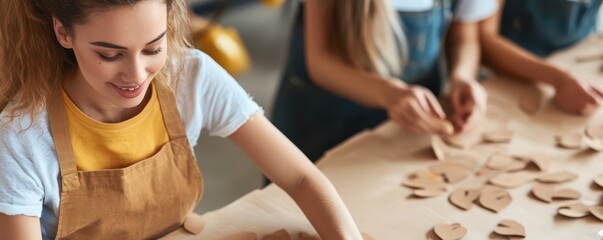 Young caucasian women crafting handmade wooden pieces in workshop