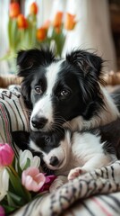 Fototapeta premium Border Collie dog mother and puppy with flowers warm family love