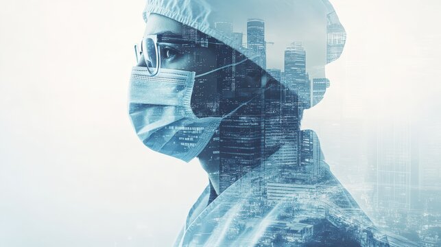 Healthcare Worker Blended with Modern Cityscape
