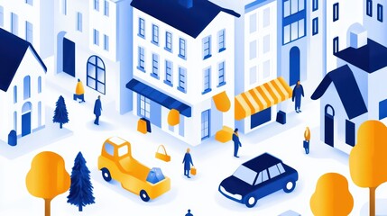 Colorful autumn cityscape with pedestrians and vehicles in modern urban setting