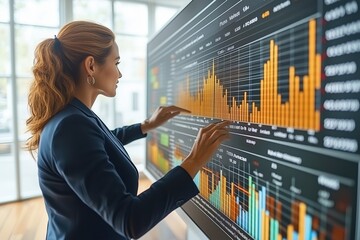 Powerful female executive presents financial data to her team alongside stock charts and bar graphs during a strategic meeting