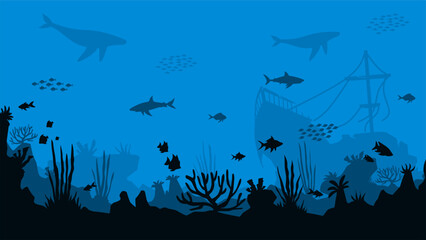 Underwater landscape of shipwreck with coral reefs scenery. Panoramic view of undersea with fishes and sunken ship. Vector illustration of scenic seascape with aquatic ecosystem and marine vegetation