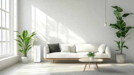 living room with a sleek air purifier placed near a window, ensuring maximum airflow and efficiency
