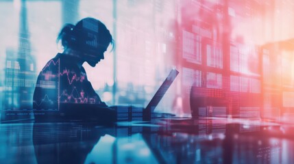 Businesswoman Analyzing Data on Laptop with Digital Overlay