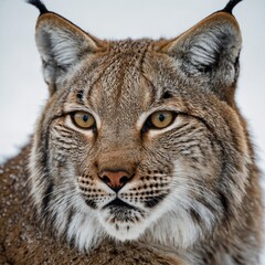 Obraz premium A close-up of a lynx’s face, its ears perked up, with a white background.