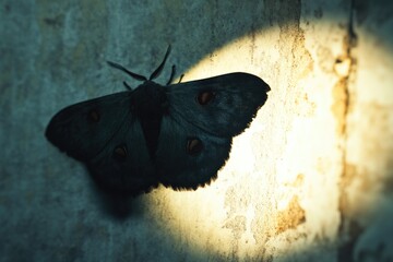 A black moth perched on the top of a wall, looking around