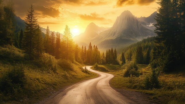 road winding through forests, leading toward the setting sun. The distant peaks glow in golden light