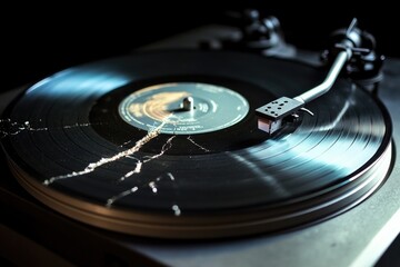 A close-up shot of a vinyl record spinning on a turntable