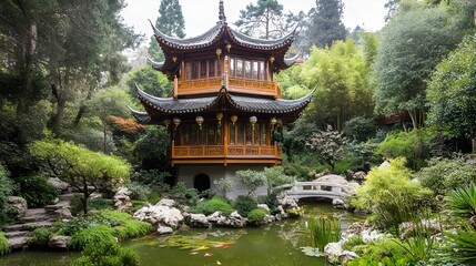 Picturesque Chinese Garden with Pagoda, Pond, and Bridge