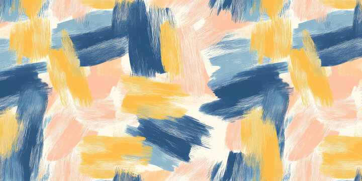A non-seamless artistic brushstroke pattern featuring energetic strokes in peach fuzz, sunshine yellow, and chambray blue, creating a lively movement effect.