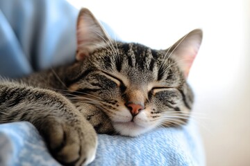 A close-up view of a cat resting peacefully on a bed, great for use in animal-themed designs or as a symbol of relaxation