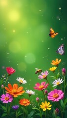 Obraz premium Vibrant wildflowers, buzzing bees, butterfly on lush green border , apidae, background