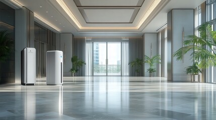 multi-functional hall with a blend of ceiling and floor-mounted air purifiers maintaining the air quality.