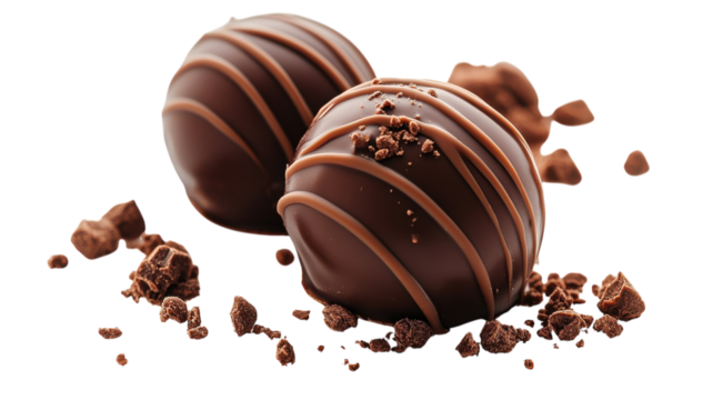 Velvety chocolate truffles decorated with drizzles and crumbles on a white background