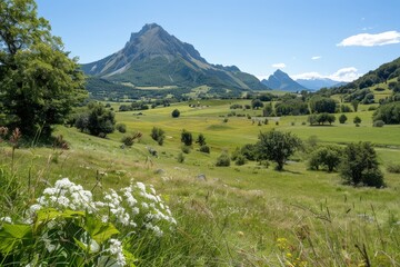 Fototapeta premium Scenic Mountain Landscape with Lush Green Fields and Vibrant Wildflowers under a Clear Blue Sky