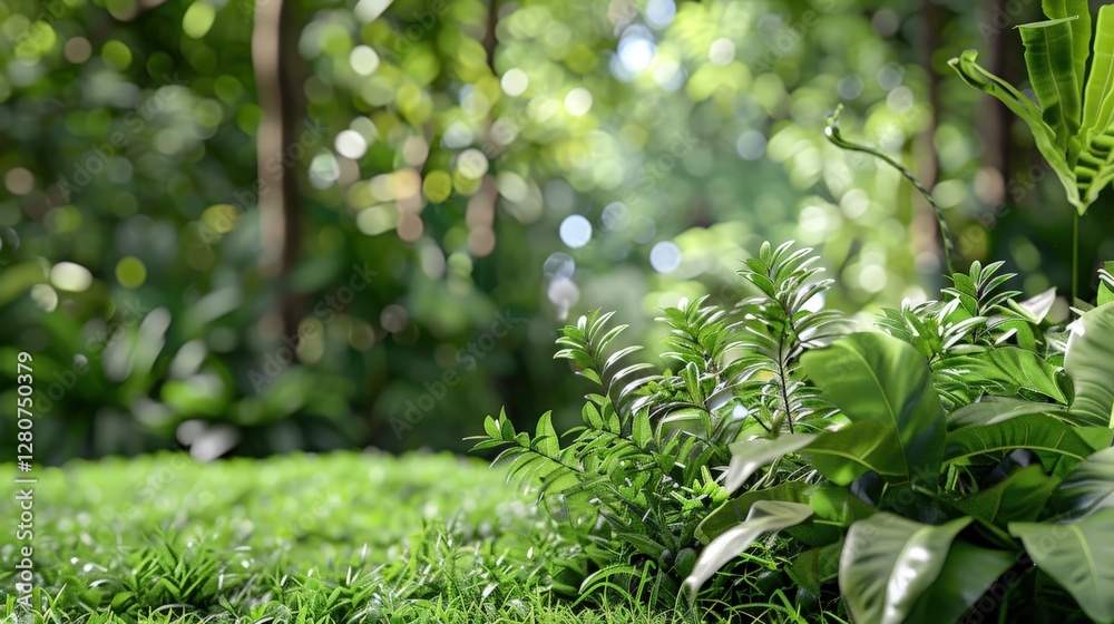 Canvas Prints Lush Greenery in a Sunlit Forest with Soft Focus Background, Natural Light, Vibrant Plants and Ground Cover