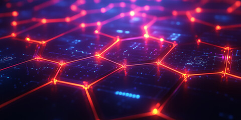Obraz premium This image features a glowing red and blue interconnected network of dots and lines, suitable for blogs about technology, data, AI, or cybersecurity.