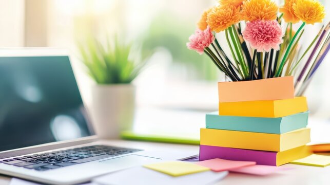 Colorful sticky notes and flowers on office desk with laptop in bright workspace