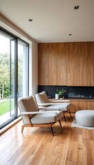 Fototapeta premium A modern living room with wooden floors and walls.