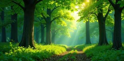 Obraz premium Diverse lush green trees with vibrant leaves in a forest, vibrant, detail, green