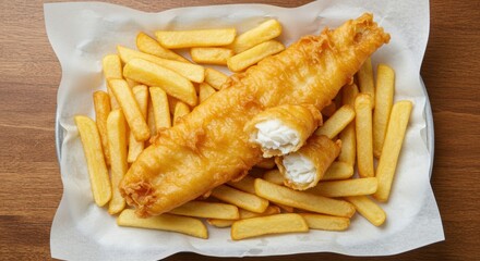Classic British Cuisine: Golden Fish and Chips on a White Paper Lined Tray