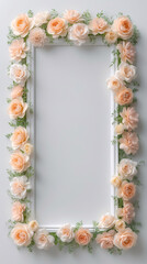Beautiful soft pastel peach flowers gently framing a white tray for an elegant and cozy home display for Copyspace and Text Background