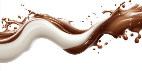 Chocolate and milk wave flowing together isolated on white background with smooth curves and splashes offering ample copy space