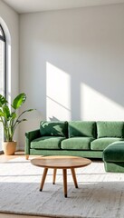 A modern living room with a green couch and wooden coffee table, featuring sunlight streaming through an arched window.