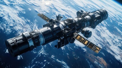 spacecraft with an automated construction system that can build and maintain space stations in orbit, featuring robotic arms,