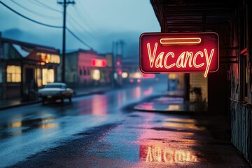 A neon sign reading 'vacancy' on a wet street, great for hotel or motel ads