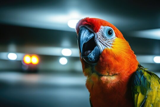 A brightly colored parrot stands in a parking garage, surrounded by cars and machinery