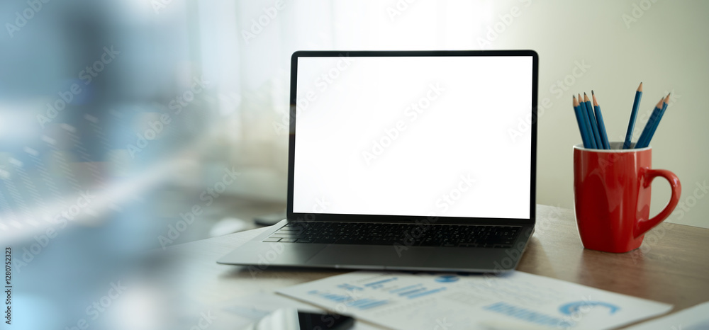 Poster laptop with blank screen on table. workspace background new project on laptop computer with blank co