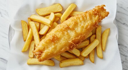 Delicious Golden Fried Fish and Chips on White Paper, Close Up View
