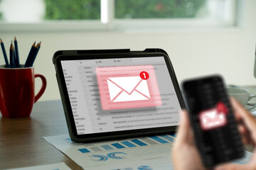 men using smartphones warning alert, email hack SMS spam, fake text message phishing. © onephoto