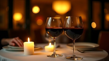 Romantic evening with candlelight, wine, and gourmet dining in an elegant restaurant setting