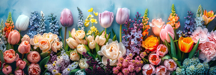 Colorful spring flower arrangement showcasing a variety of blossoms in a vibrant setting.