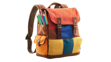 Colorful backpack filled with school supplies for creative adventures