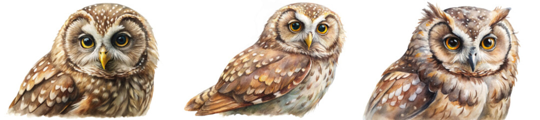 Realistic owl illustrations, detailed feathers, vibrant colors, wildlife art, nature study, educational use.