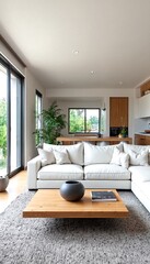 Fototapeta premium A modern living room with white couch and coffee table.