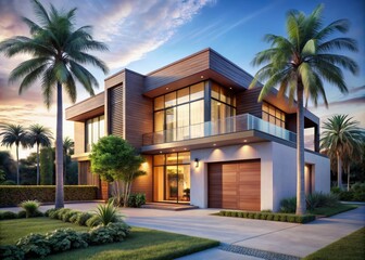 Fototapeta premium Sleek modern flat roof house, palm trees framing sharp architectural lines, deep focus.